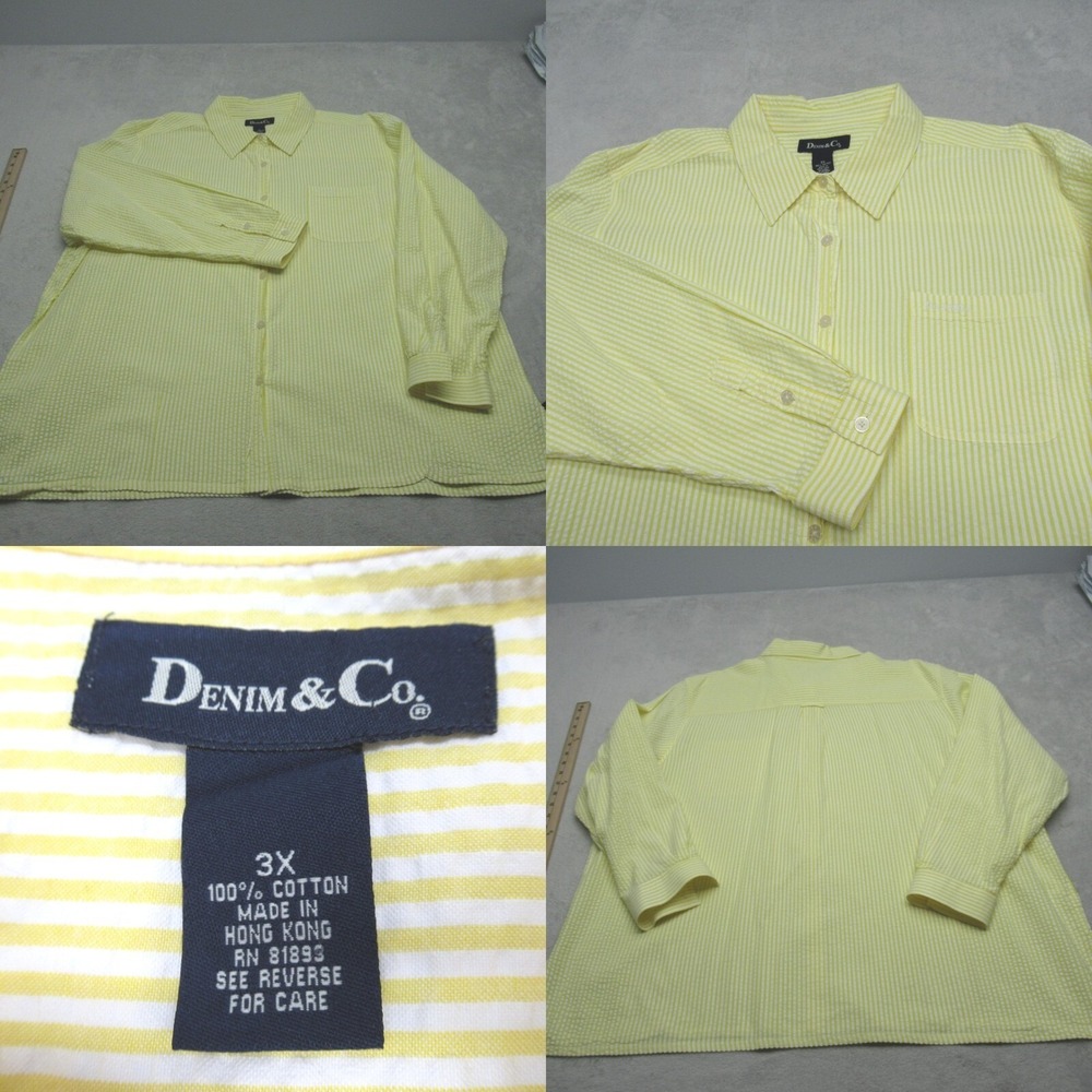Denim & Co Shirt Womens‎ 3X Yellow Striped Seersucker Button Up Long Sleeve VTG
